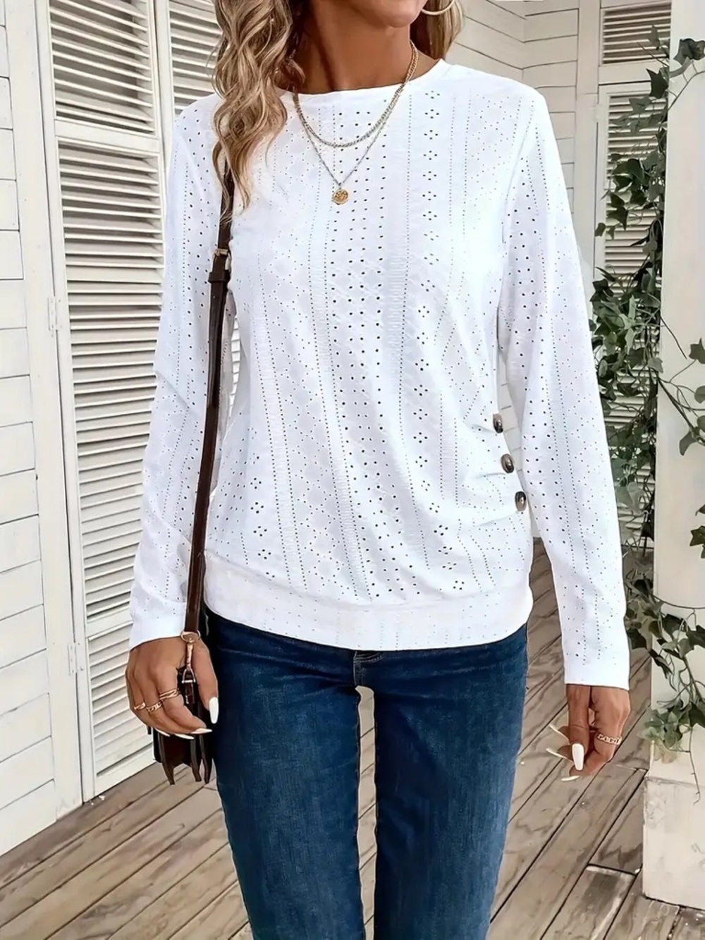 Cream Eyelet Long-Sleeve Top with Side Button Detail (008)